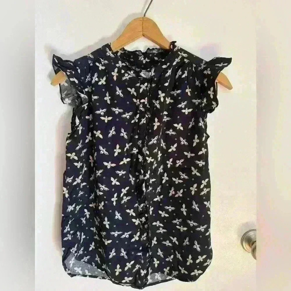 Loft women’s button up sleeveless blouse dark blue bee print cotton size XS - Picture 1 of 15
